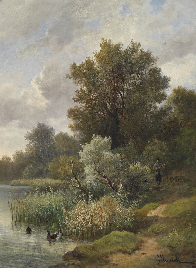 Figuras serenas en colores vibrantes, óleo sobre lienzo de Leopold Munsch