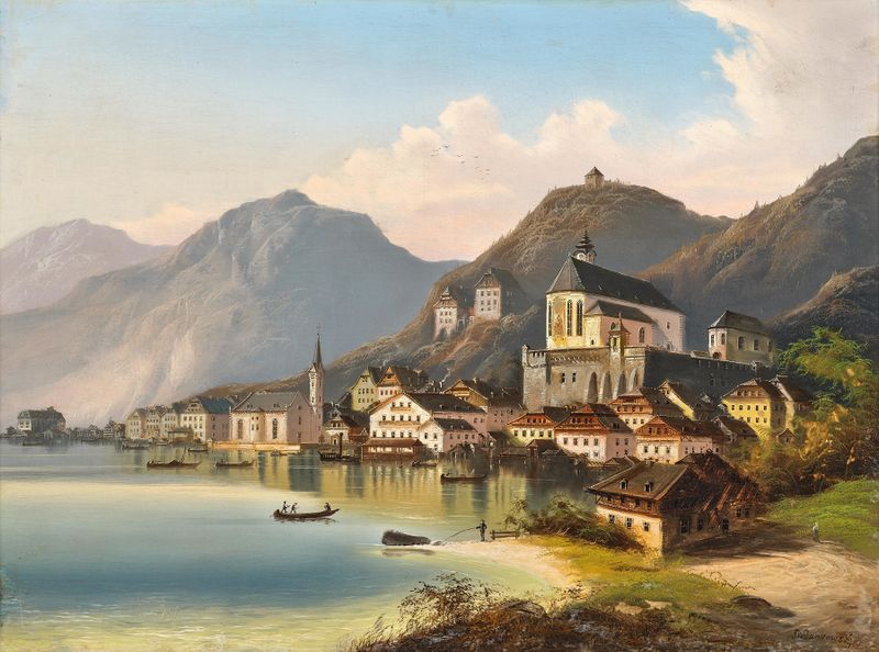 Landscape of Hallstatt with mountains and lake, oil on canvas by Johann Wilhelm Jankowsky
