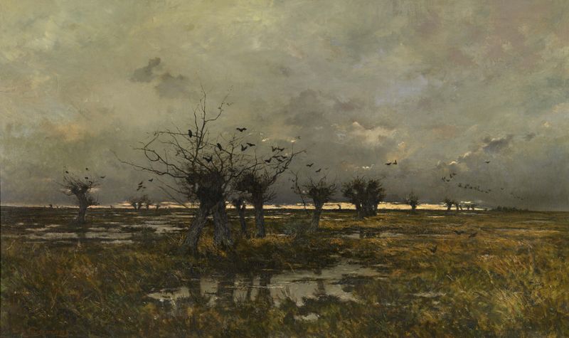Evening in the Limburg Kempen by Joseph Théodore Coosemans, oil painting depicting a serene twilight landscape.