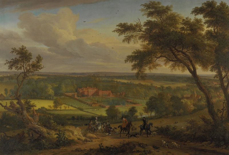 Bifrons Park, Kent, óleo sobre lienzo de Jan Wyck, con un tranquilo estanque y vegetación exuberante.