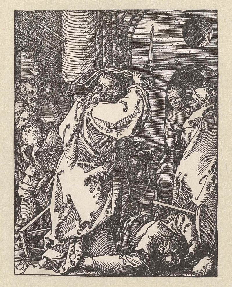 Escena religiosa de figuras limpiando el templo, grabado de Albrecht Dürer