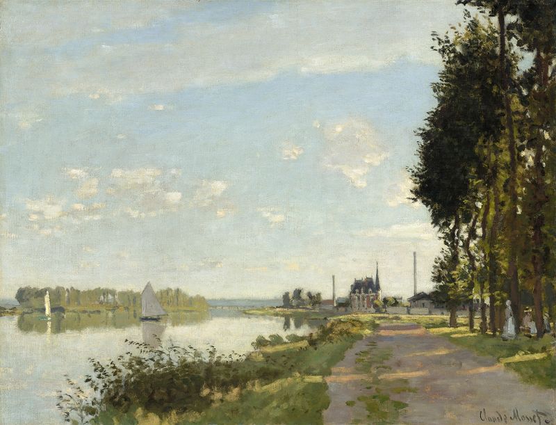 Argenteuil de Claude Monet, óleo sobre tela, retratando o Sena com tons vibrantes de azul e verde.