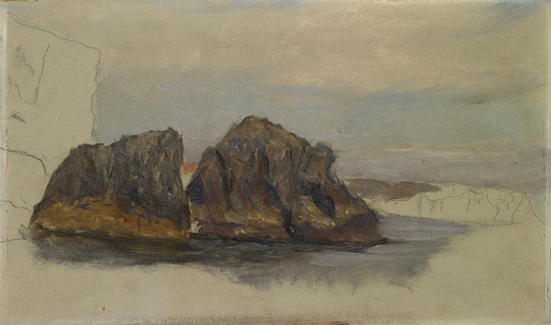 Two Rocks in Brittany by William de Goumois, oil on canvas depicting sunlit rocks and water.