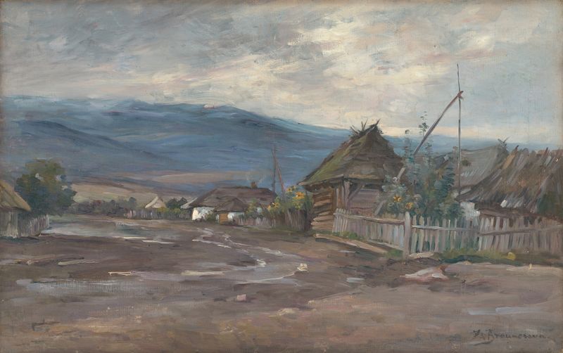 Paisaje óleo de Zdenka Braunerová que representa montañas y un río