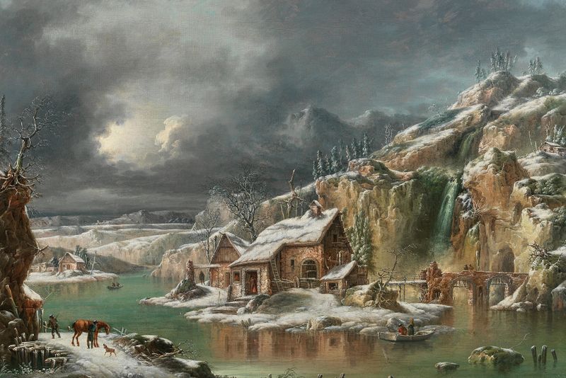 Paisagem de inverno com um rio e viajantes, pintura a óleo de Francesco Foschi