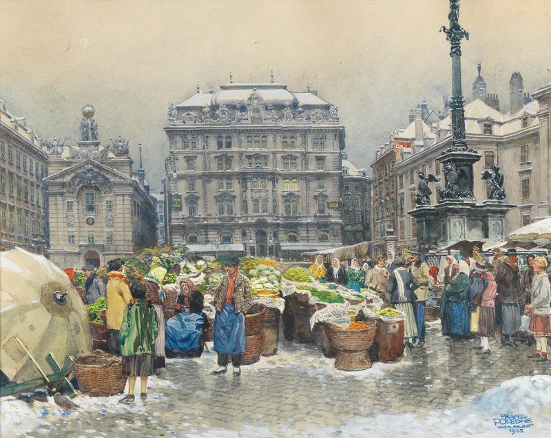 Genre scene depicting a market with vendors and fresh produce, oil painting by Franz Poledne