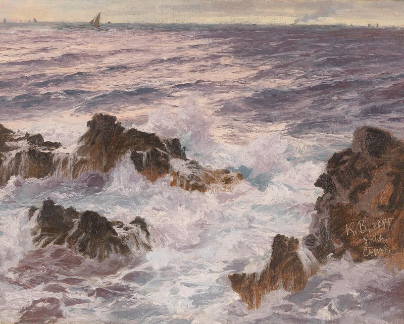 Heavy Seas off the Coast of Capri by Karl Theodor Boehme, oil painting depicting turbulent waves and a stormy sky.