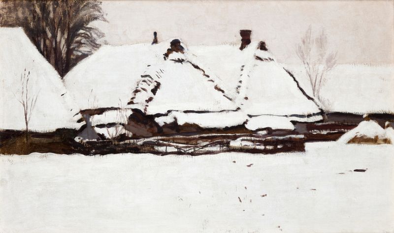 Winter Rural Landscape by Stanisław Czajkowski, depicting a snow-covered village in a realistic style.