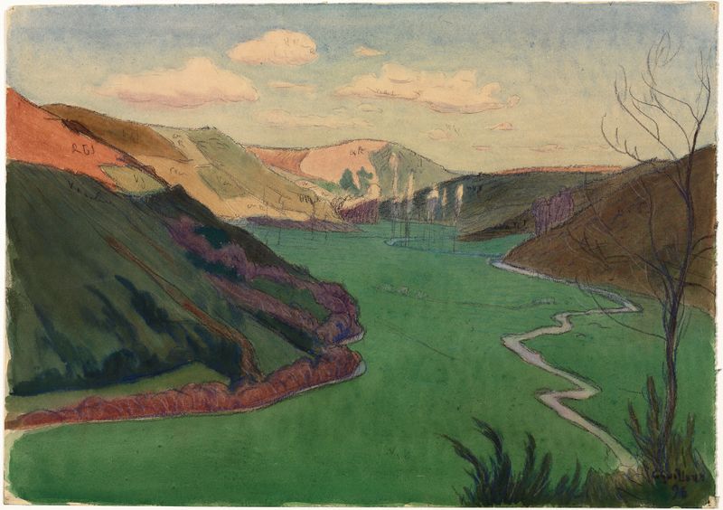 Impressionist landscape by Charles Guilloux, depicting a valley at dawn with mist and a winding path.