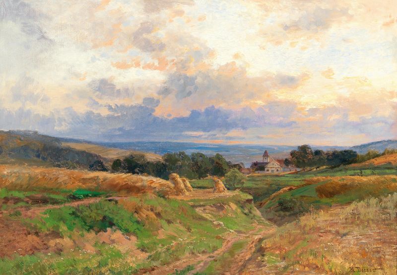 Pintura de paisaje al óleo de Hugo Darnaut con un atardecer y nubes en espiral
