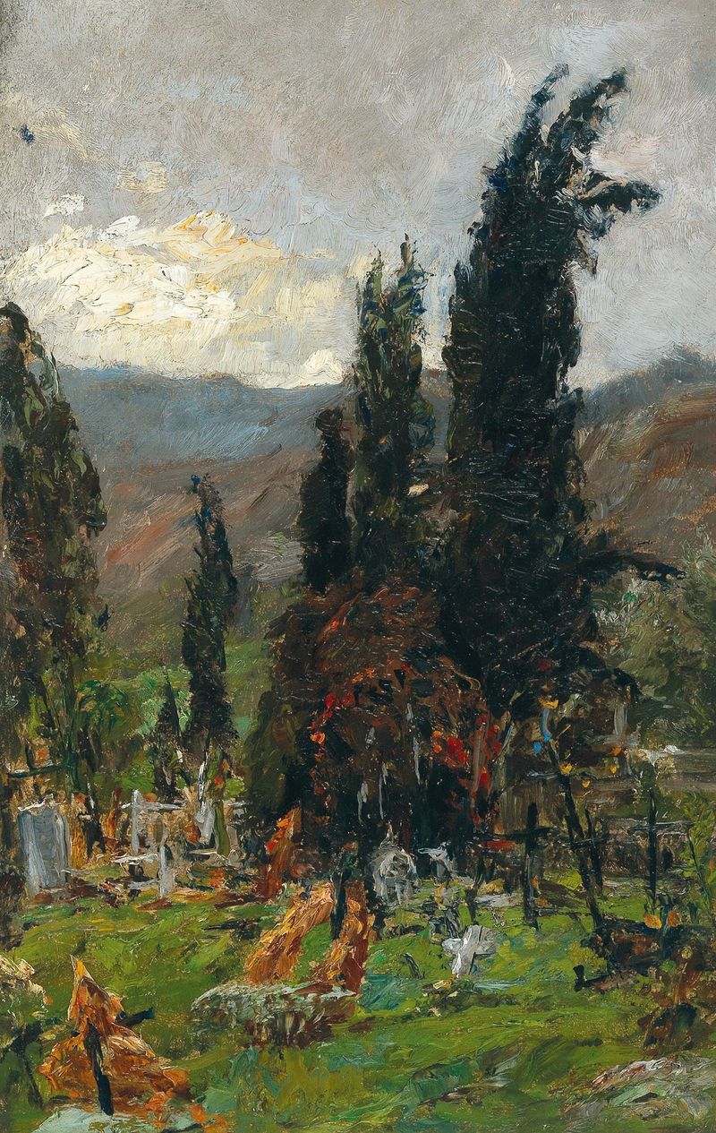 Cementerio al anochecer, óleo sobre lienzo de Olga Wisinger-Florian
