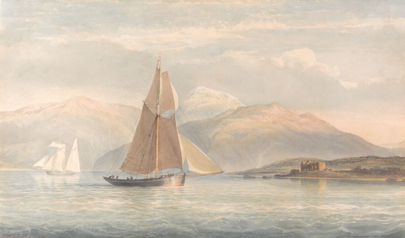 Boat sailing on water with mountains in the background, oil on canvas by John Christian Schetky.