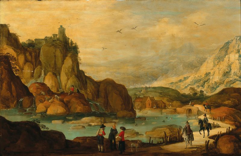 A rocky landscape with travellers on horseback near a stream, oil on canvas by Joos de Momper.