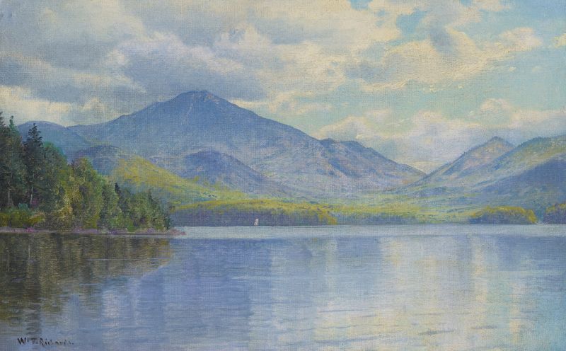 Paisaje de Lake Placid de William Trost Richards, pintura al óleo de aguas serenas y montañas.