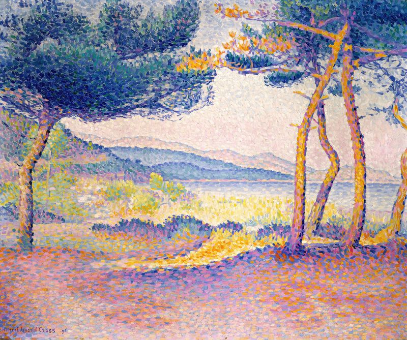 Pines Along the Shore by Henri-Edmond Cross, oil on canvas depicting pines and sea.