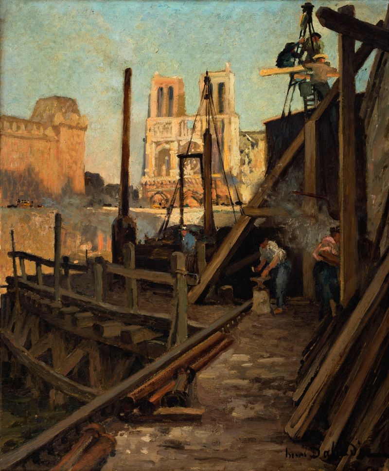 Oil on canvas by Henri Dabadie depicting workers in urban construction