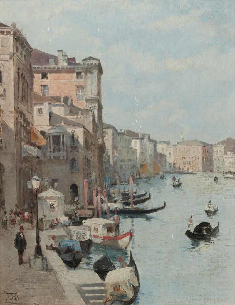 Impressionism landscape by Paolo Sala depicting Venice with fluid reflections in water.