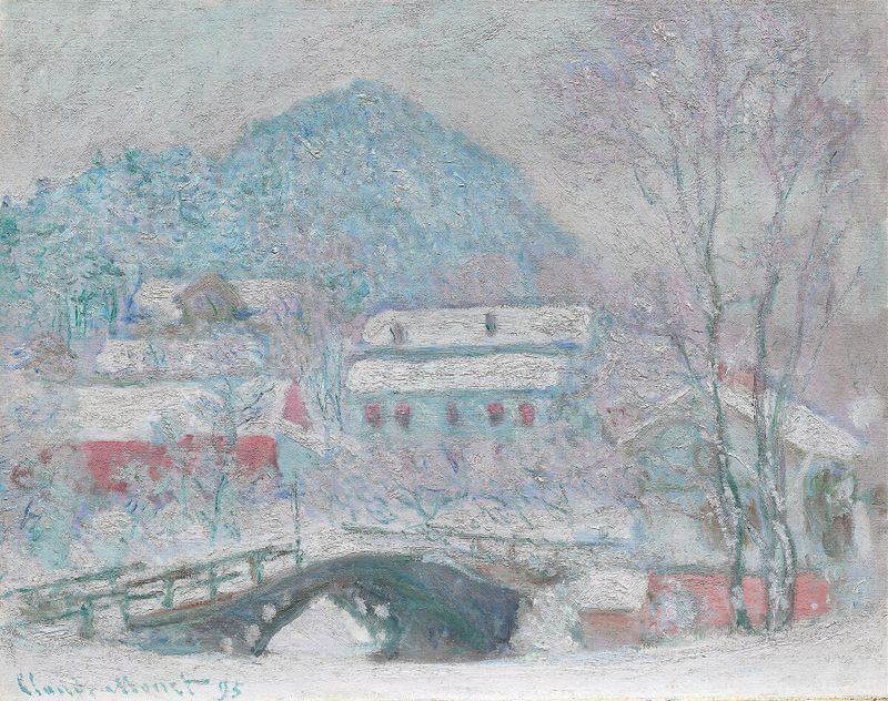 Paisaje de Sandvika, Noruega por Claude Monet, pintura al óleo que presenta aguas serenas y reflejos.