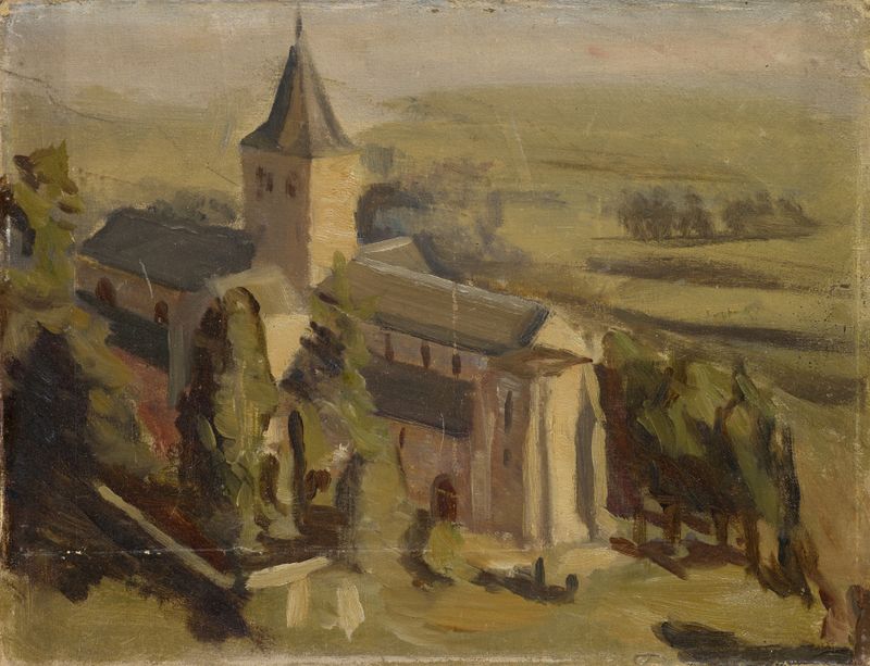 Landscape with Medieval Church by William de Goumois, oil painting depicting a church at twilight.