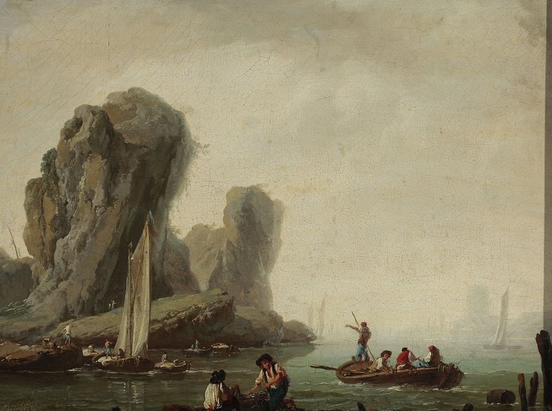 Pintura a óleo rococó de Jean-Baptiste Pillement mostrando barcos de pesca no mar