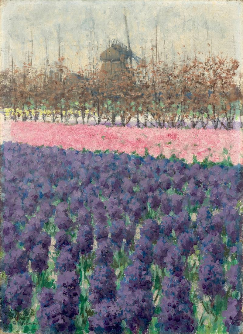Hyacinths in Holland by George Hitchcock, oil painting depicting vibrant hyacinths in a garden.
