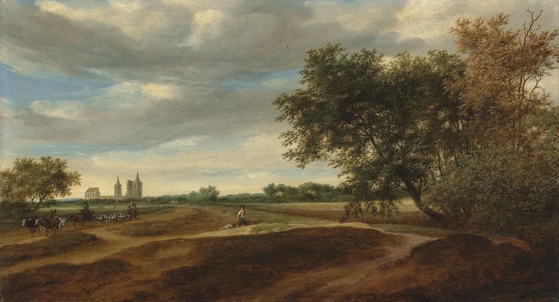 Paisaje boscoso con un pastor a caballo conduciendo ganado, óleo de Salomon van Ruysdael.