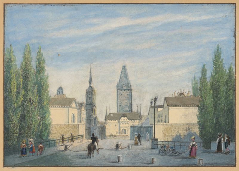 Obra de realismo de Jean Dubois que muestra un arco y adoquines con sombras.