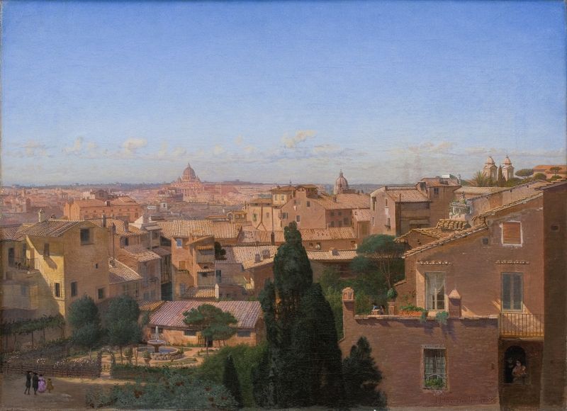 Landscape oil painting by Hans Jørgen Hammer depicting a view of Rome from a dwelling.