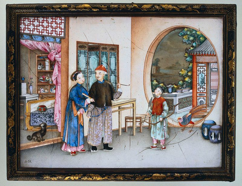 Placa rococó con figuras en conversación, pintura, artista desconocido