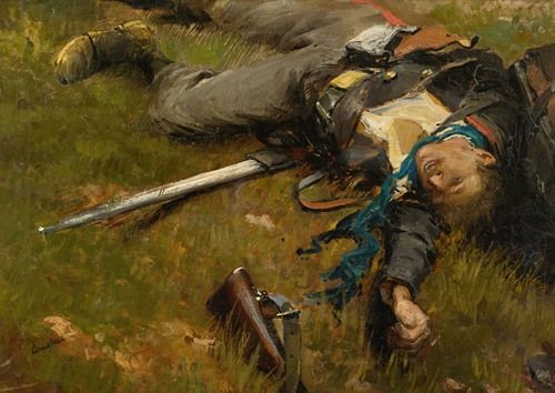 A soldier lies on the ground, surrounded by a battlefield scene depicting the aftermath of war.