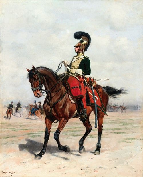 A cavalry officer in a detailed uniform sits on a horse, surrounded by a lush landscape.