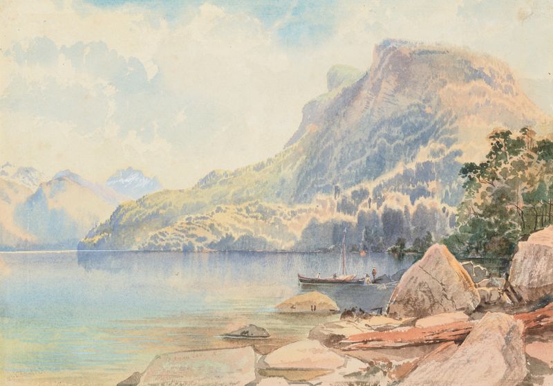 Te Anau Lake landscape by Nicholas Chevalier, oil painting