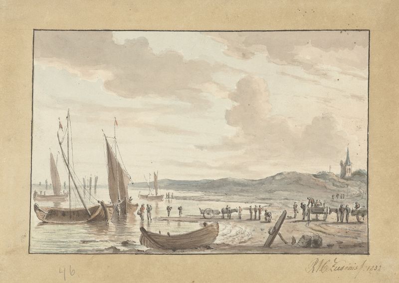 Escena marina con barcos de vela y una torre de iglesia de R.A.C. Ziesenis