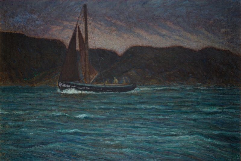 Fishing Boat in Storm de Karl Nordström, óleo sobre tela, mostra um barco lutando contra ondas e nuvens escuras.