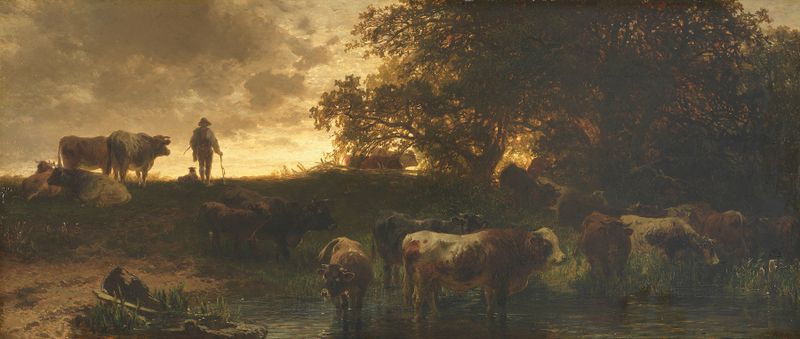 Rinderherde an der Tränke by Friedrich Voltz, oil painting depicting cattle at a water source