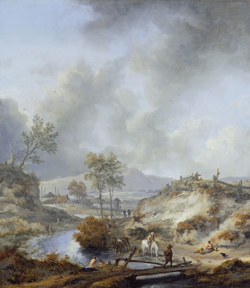 Paisagem com um riacho e colinas, óleo sobre tela de Philips Wouwerman