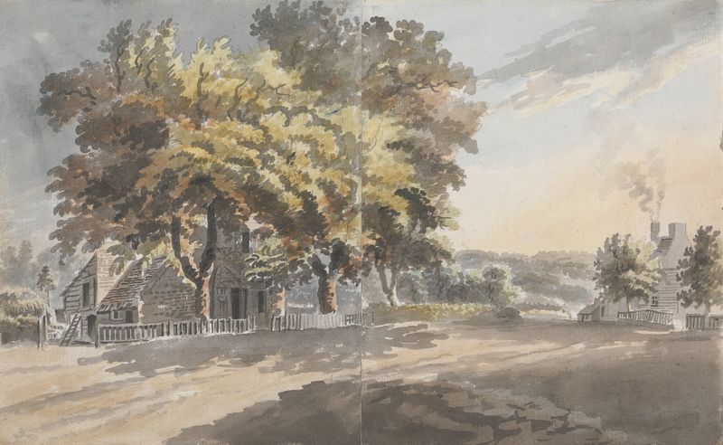 Paisagem de árvores e casa, óleo sobre tela de James Miller