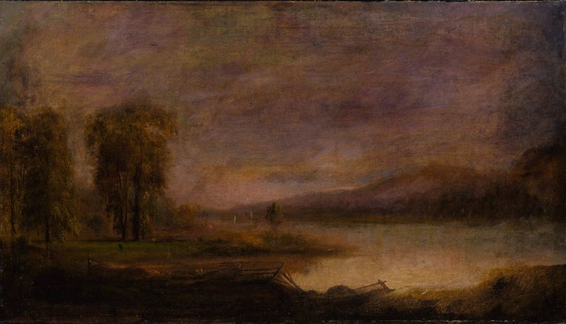 Landscape with Lake by Robert S. Duncanson, oil on canvas depicting a tranquil lake at dusk.