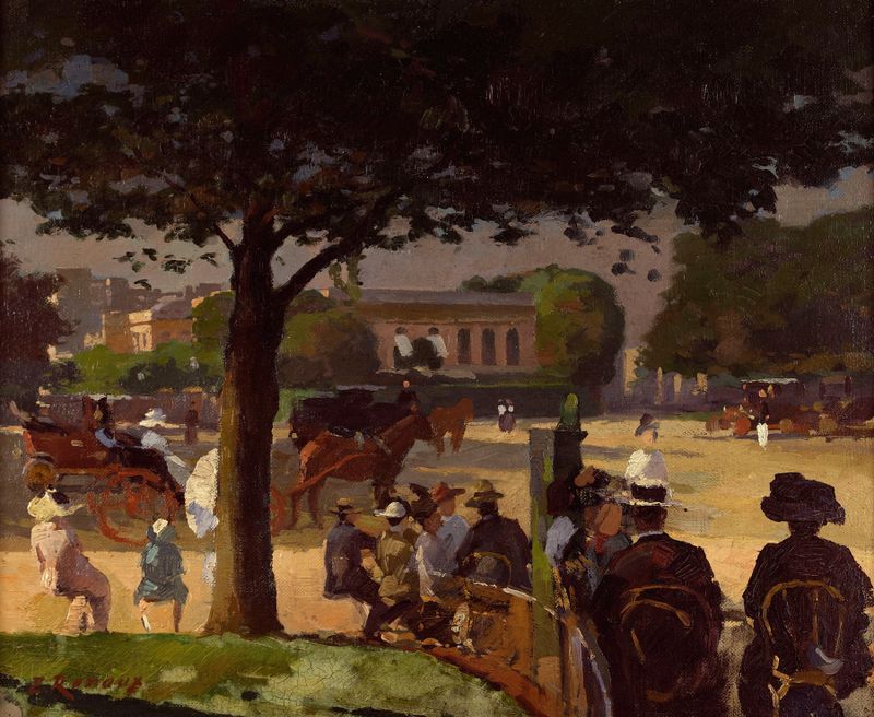 Impressionist oil painting by Ernest Jules Renoux depicting a vibrant landscape with a pink façade.