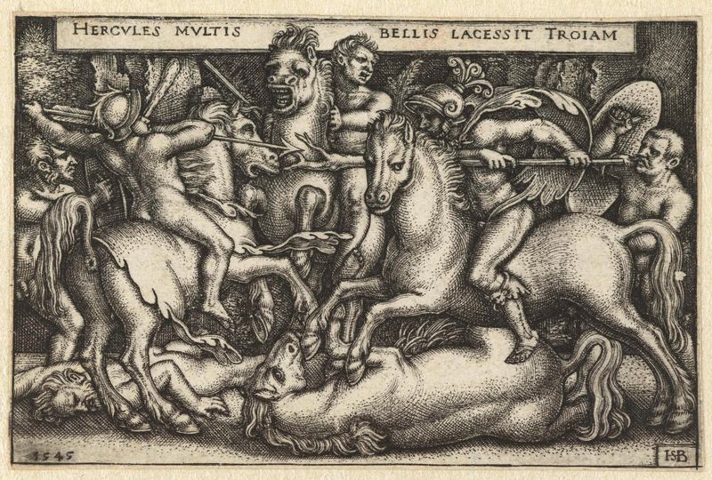 Hercules in gevecht met de Trojanen, gravura de Hans Sebald Beham, representando uma cena de batalha.