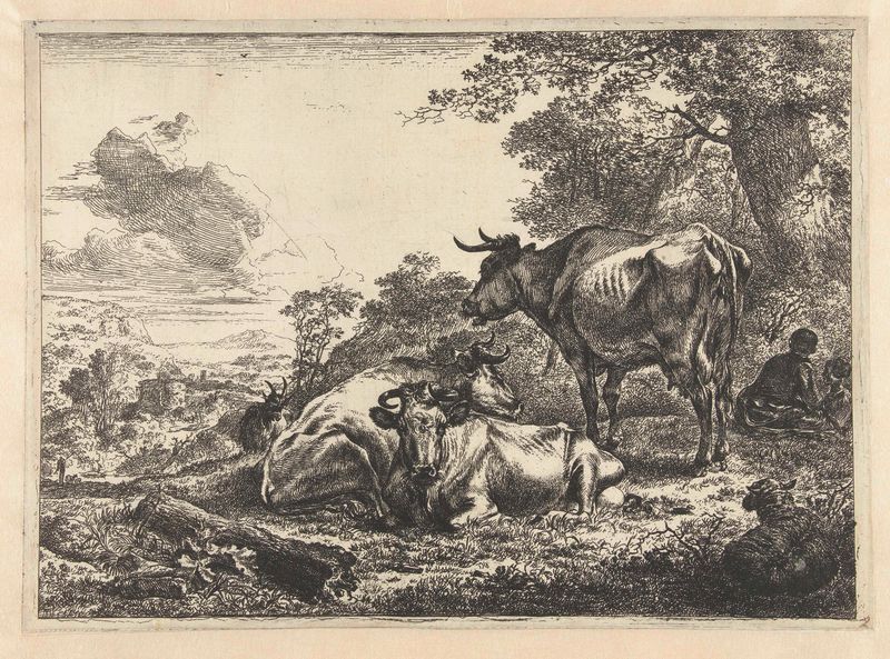 Gravura de Nicolaes Pietersz Berchem mostrando três vacas descansando em uma paisagem exuberante.