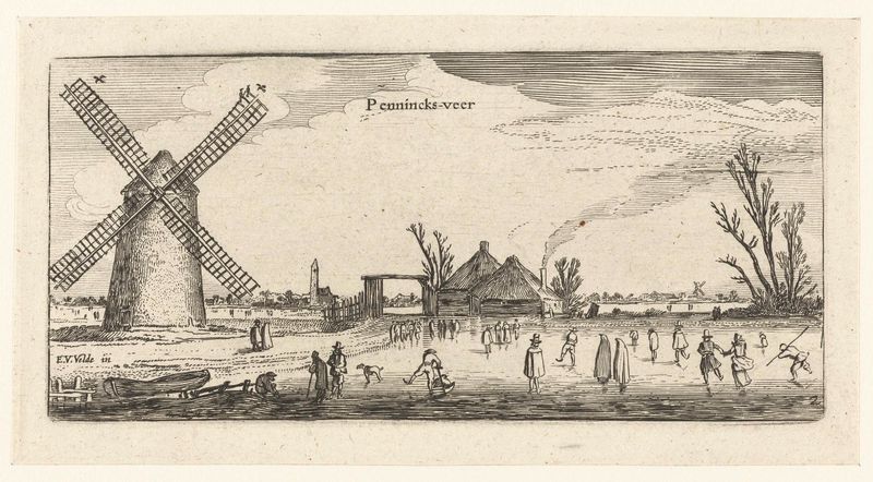 Schaatsers op het ijs bij een molen in de buurt van Penningsveer, gravura de Unknown Artist