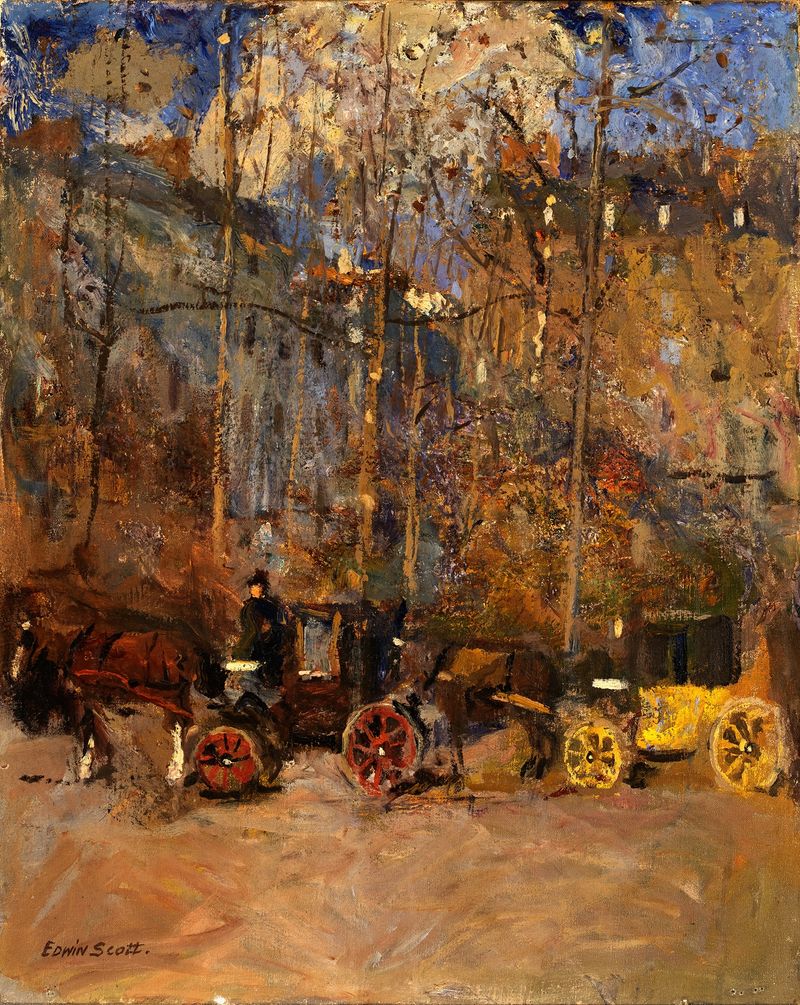 Paisaje urbano con taxis en amarillo y negro, pintura al óleo de Frank Edwin Scott