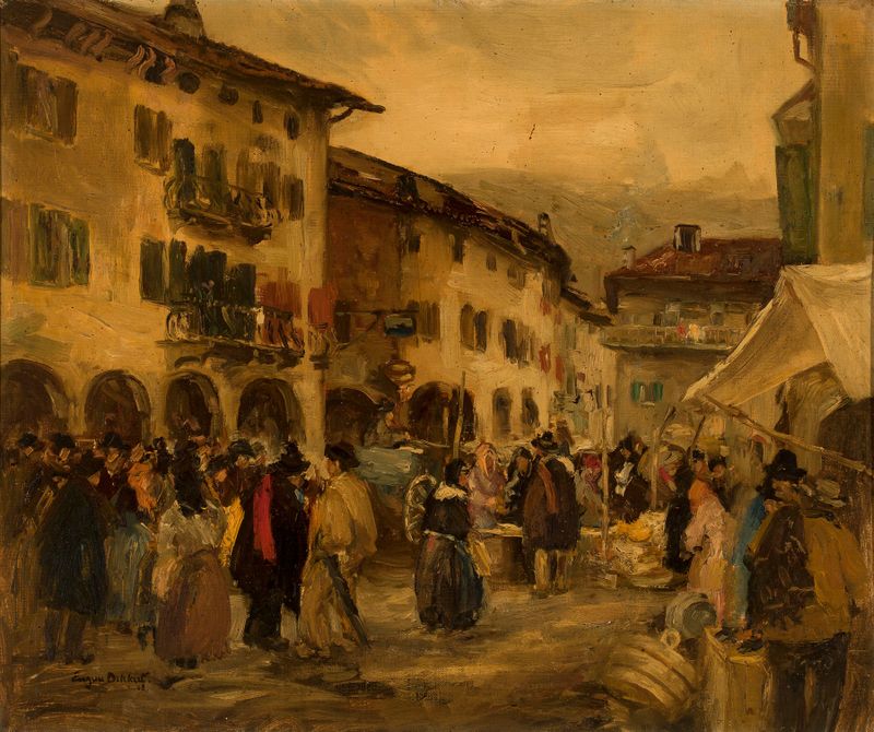 Marketplace de Eugen Dikkutt, pintura a óleo que retrata uma cena de mercado vibrante