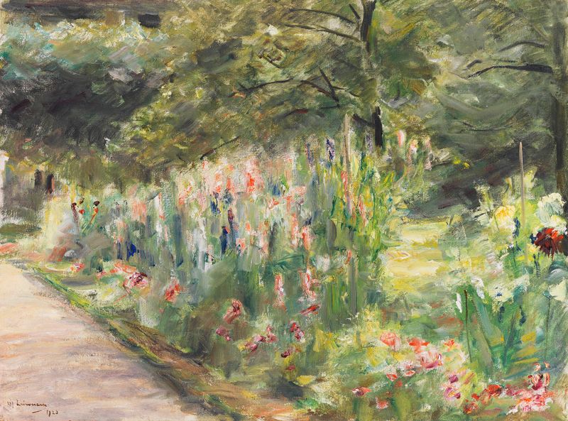 Paisagem de um jardim com folhagem vibrante de Max Liebermann, pintura a óleo