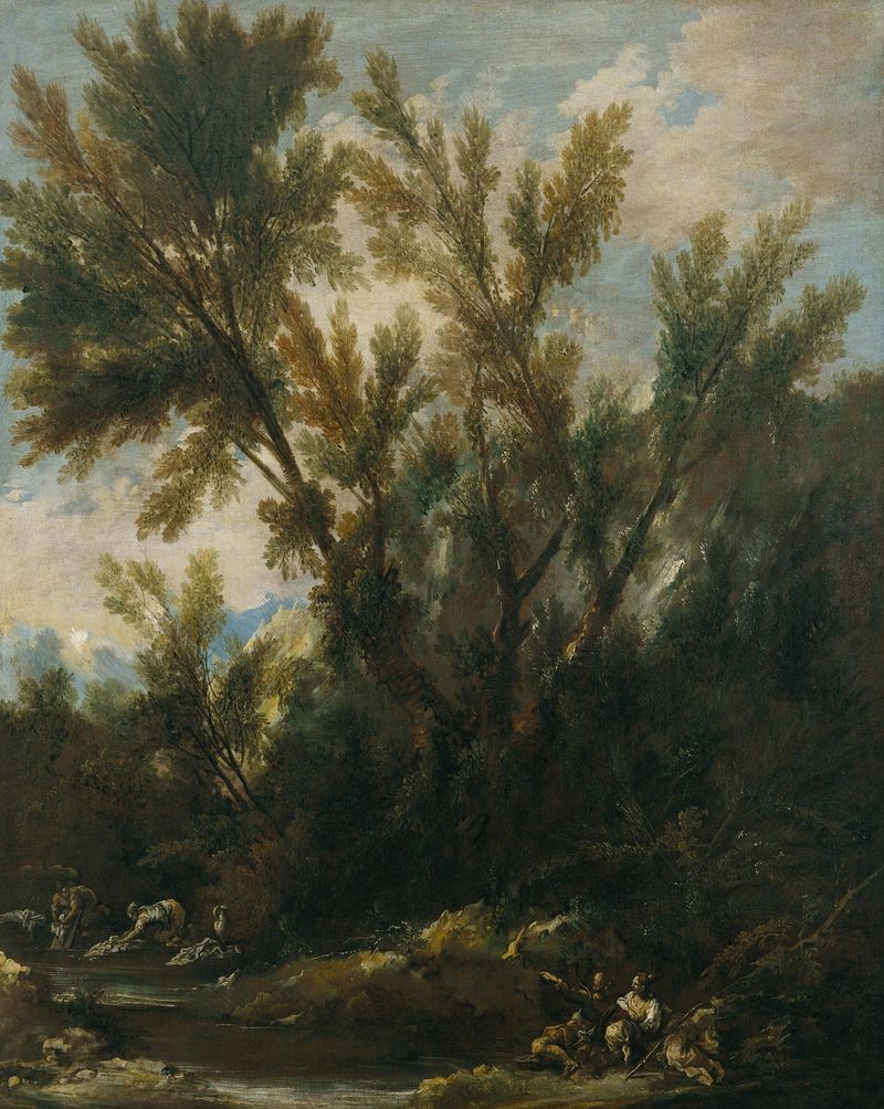 Landscape with Figures by Alessandro Magnasco, oil painting depicting figures in a vibrant landscape.