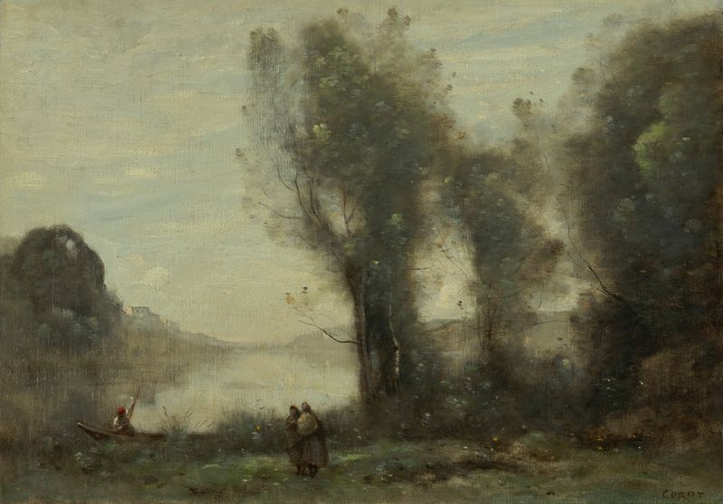 Paisaje con un lago, un barquero y dos campesinas de Jean-Baptiste-Camille Corot, pintura al óleo