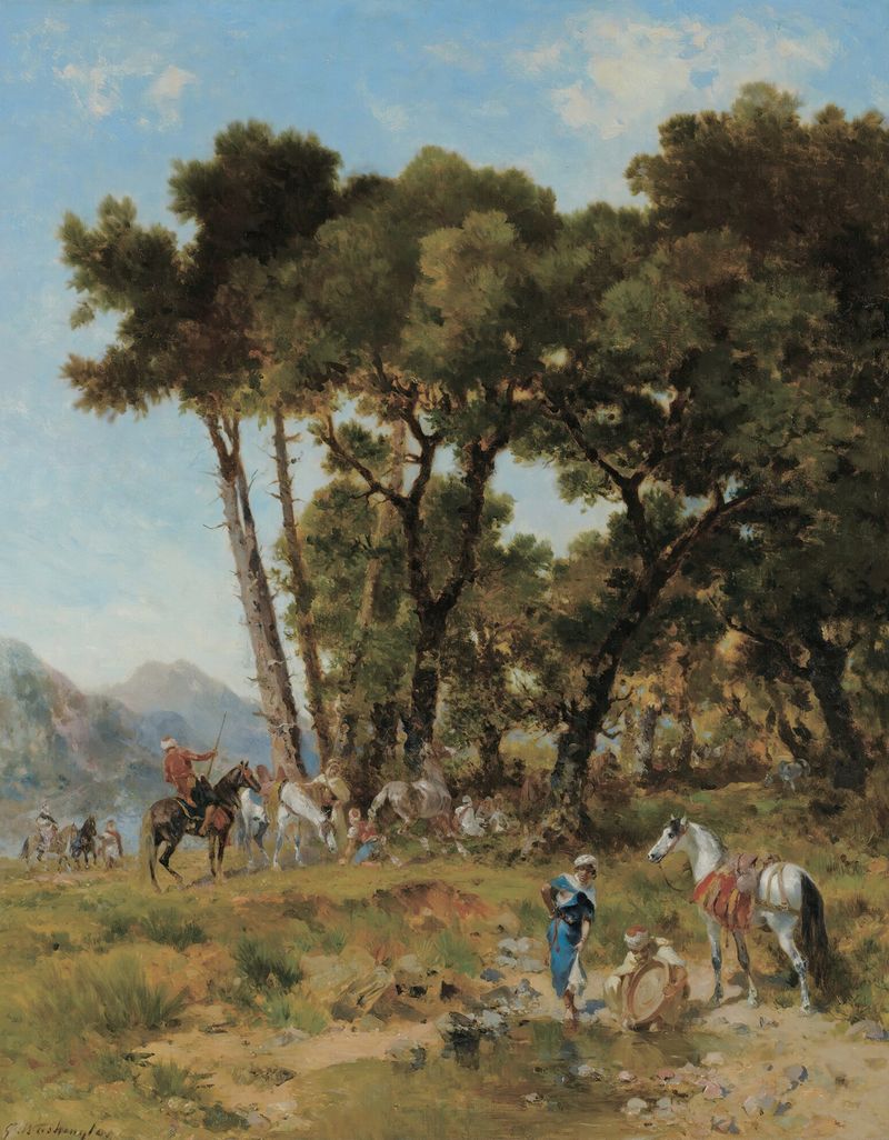 Halte Dans Les Montagnes de Georges Washington, pintura a óleo de uma figura em uma paisagem montanhosa