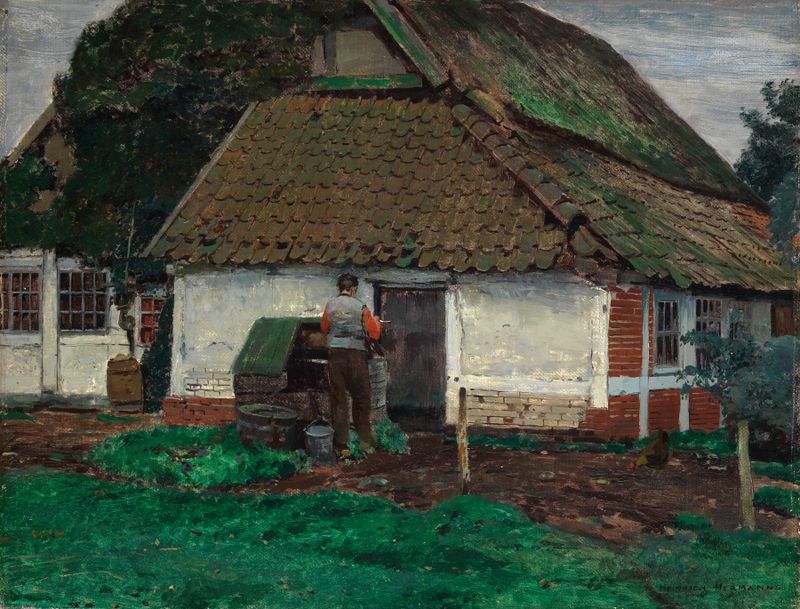 Landscape featuring a hut and rolling hills by Heinrich Hermanns, oil painting
