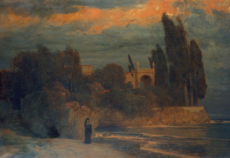 Villa by the Sea, oil on canvas by Arnold Böcklin, depicting a villa beside the tranquil sea.